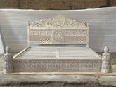 Indian Heritage Design Handcrafted Solid Wood Carved Bed Frame Whitewash 176